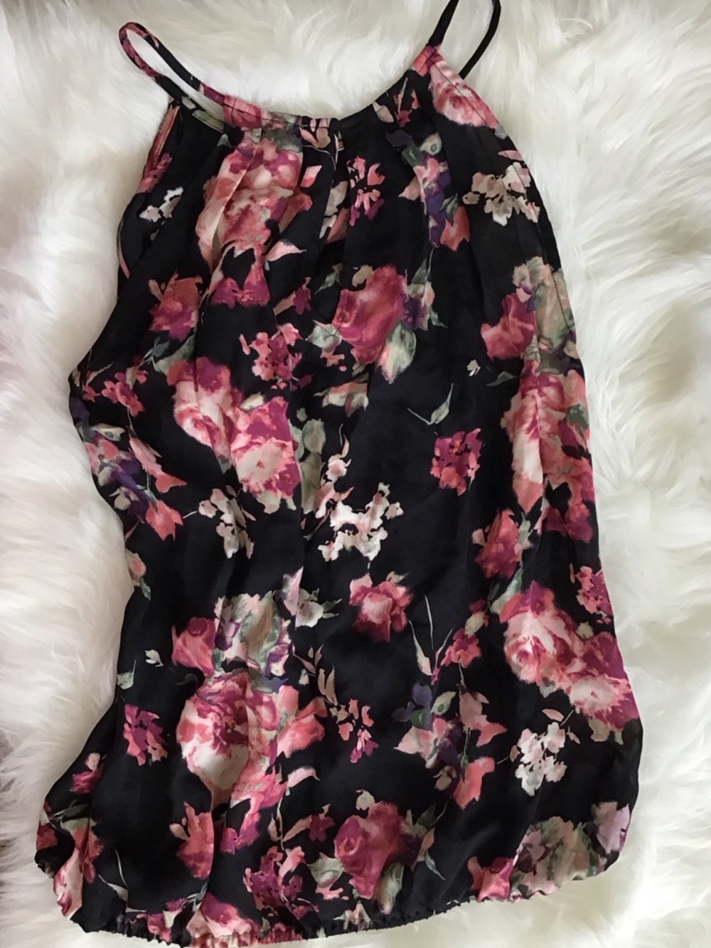 Joie Black Floral Silk Tank with Rose-Pink Blooms